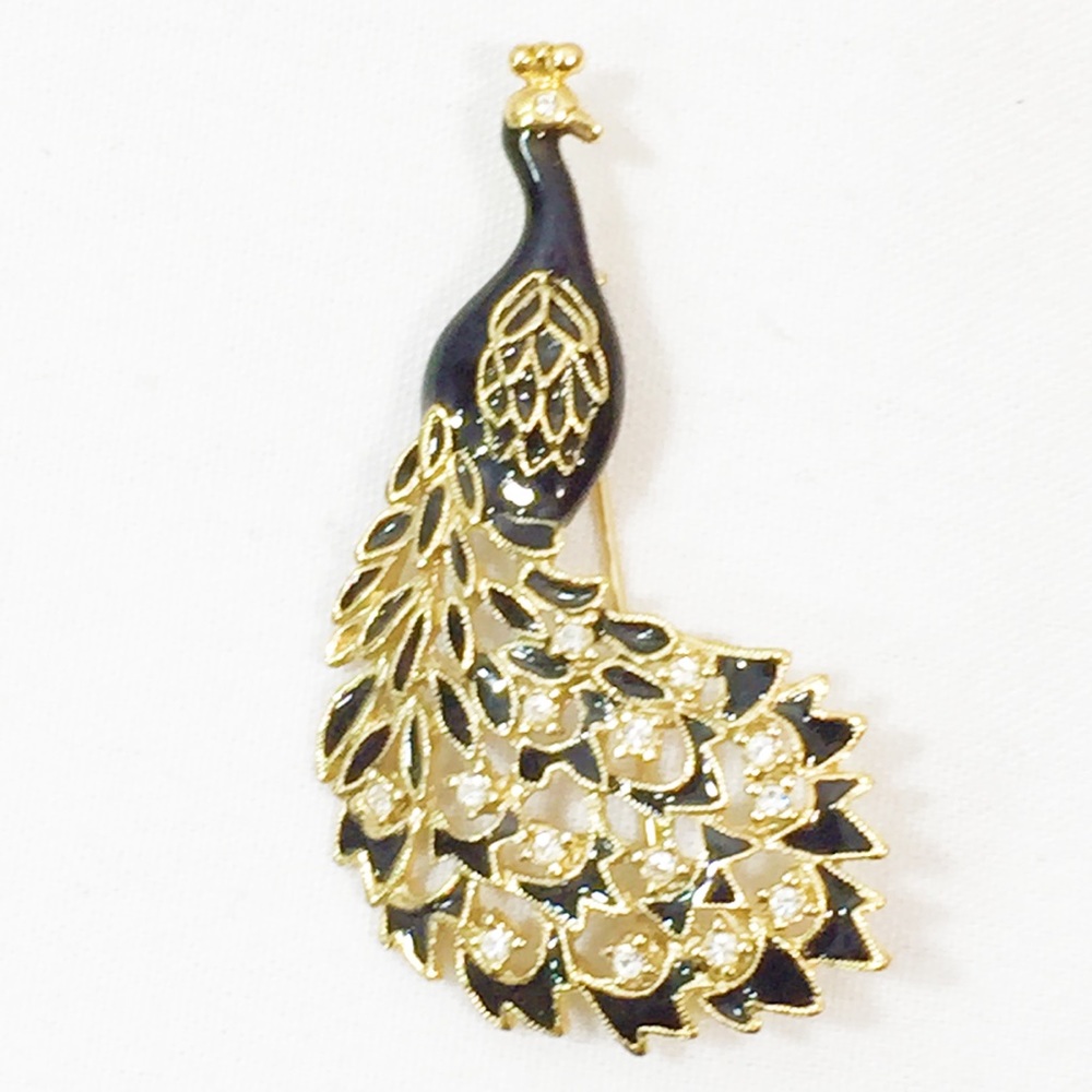 Peacock Black Enameled Brooch - Picture 1 of 4